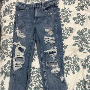 American Eagle Outfitters Blue Skinny Jeans with Distressed Design